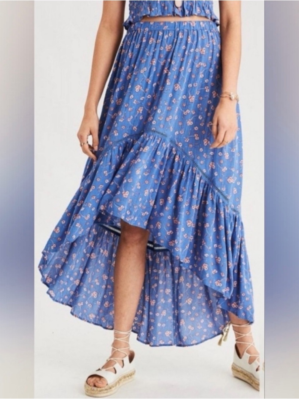 2 Piece American Eagle Outfitters Blue Floral High-Low Maxi Skirt w Top Set